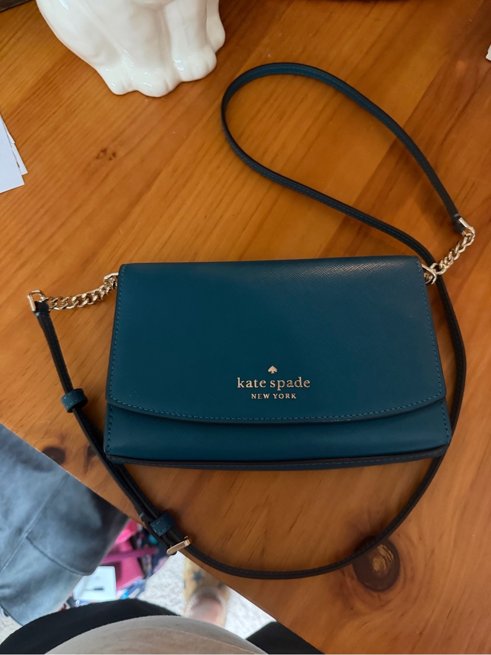 kate spade teal blue crossbody with gold-tone chain